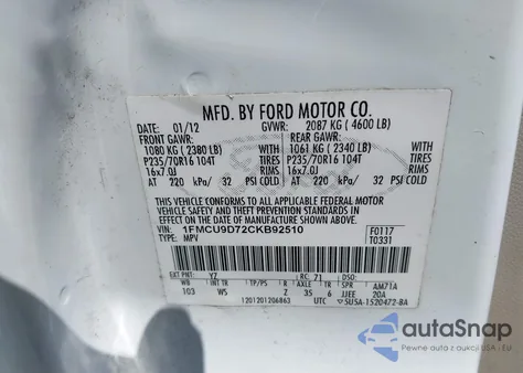 2012 Ford Escape Xlt z USA, uszkodzony, nr VIN 1FMCU9D72CKB92510